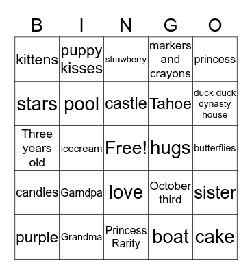 KATELYN'S THREE ! ! !  Bingo Card