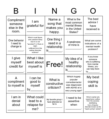 Mental Health Bingo Card