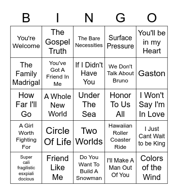 Disney Singo Bingo Card