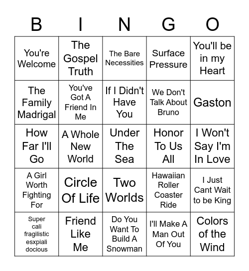 Disney Singo Bingo Card