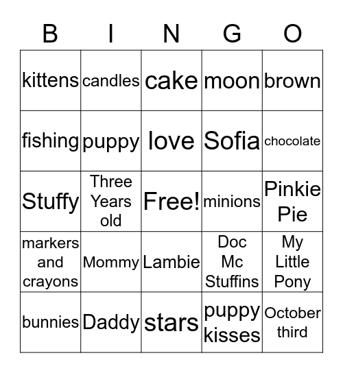 KATELYN'S THREE ! ! !  Bingo Card