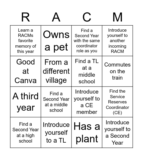 RACM Mixer Bingo Card