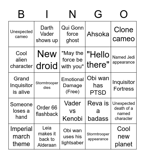 Kenobi Episode 4 Bingo Card
