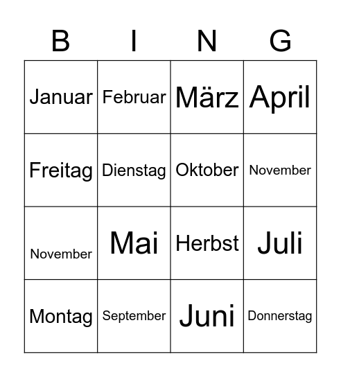 Jahreszeiten, Monate, Tage Bingo Card