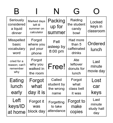 Tired Teacher Bingo Card