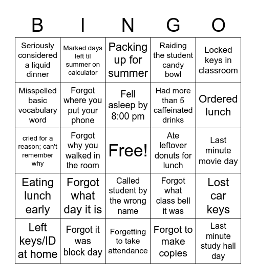 Tired Teacher Bingo Card