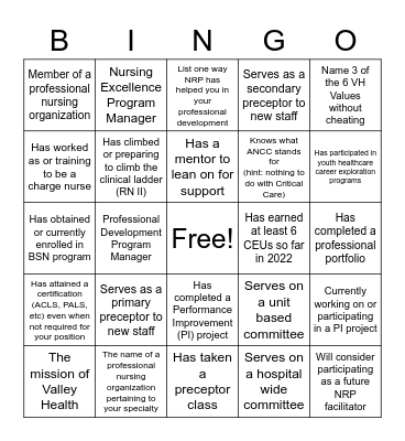 NRP Professional Development Bingo Card