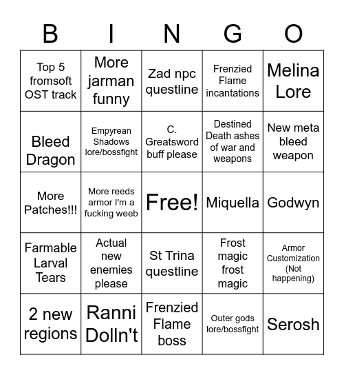 The Virgin Bingo! (Elden ring DLC) Bingo Card