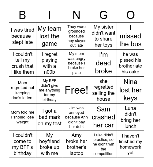 advice bingo (should/n't + have + v3) Bingo Card