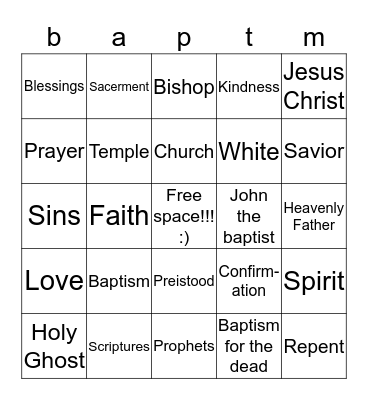 baptism Bingo Card