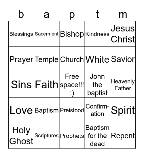 baptism Bingo Card