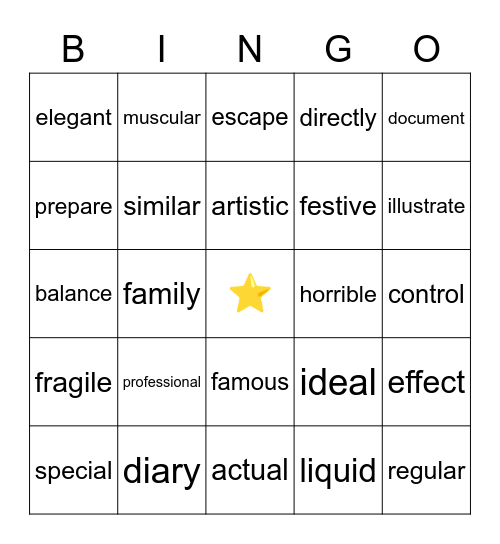 Spanish-English Cognates Bingo Card