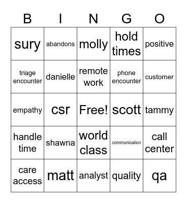 Care Access Bingo Card