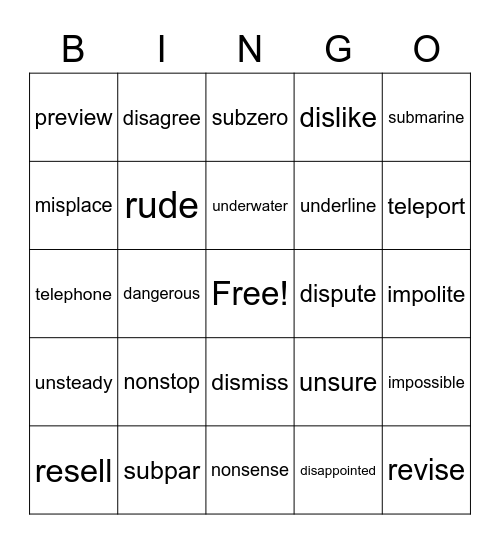 Prefixes I & II Bingo Card