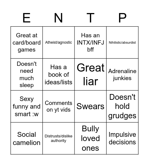 ENTP Bingo Card