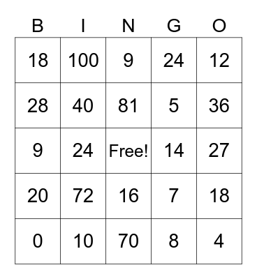 MATH FACTS ROCK Bingo Card
