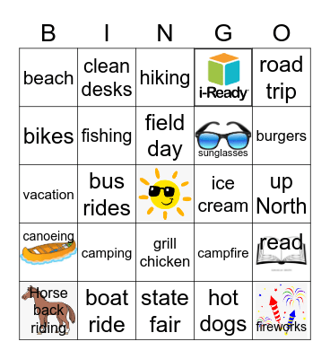 End of School Sumer Time Bingo Card