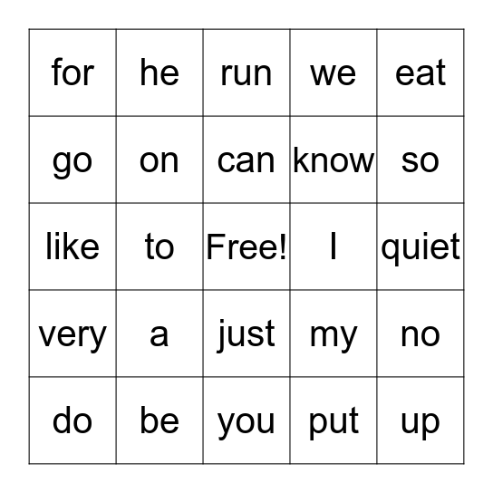 High Frequency Words Bingo Card