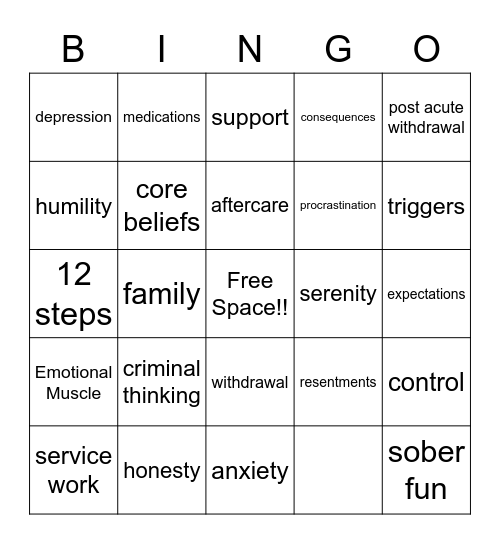 Relapse Prevention BINGO Card