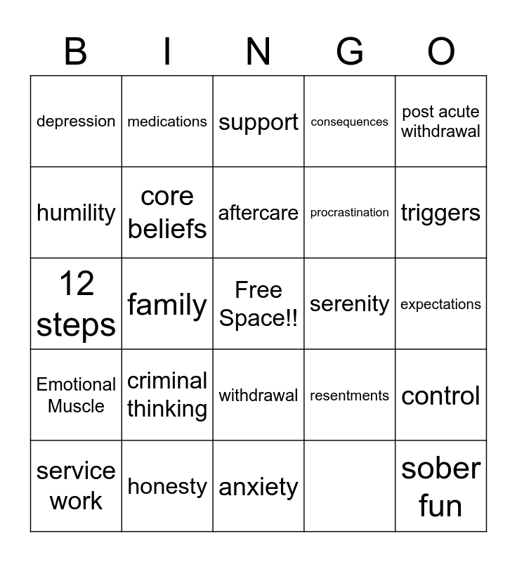 Relapse Prevention BINGO Card