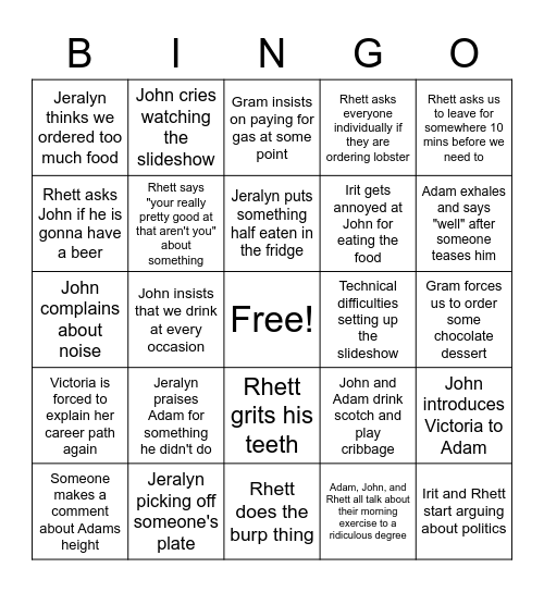 Ariel's Grad Weekend Bingo Card