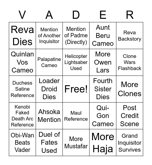 Kenobi Ep 4-6 Bingo Card