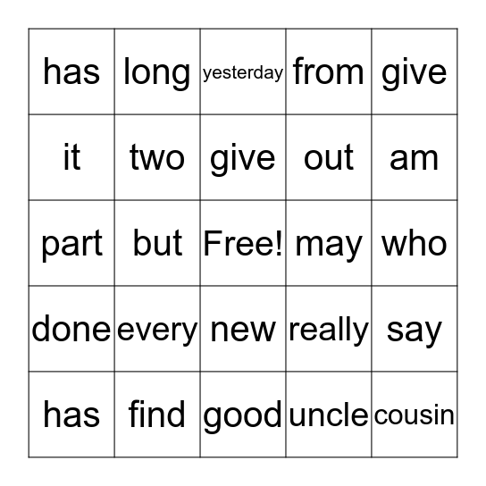 High Frequency Words Bingo Card