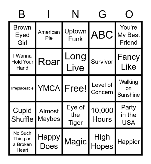 Name that Tune Bingo Card