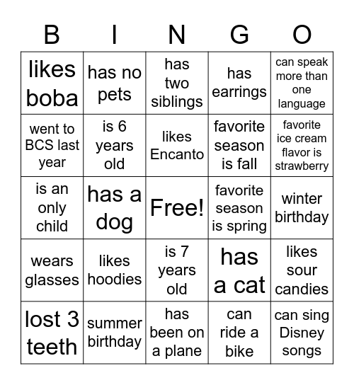 Getting To Know You Bingo Card