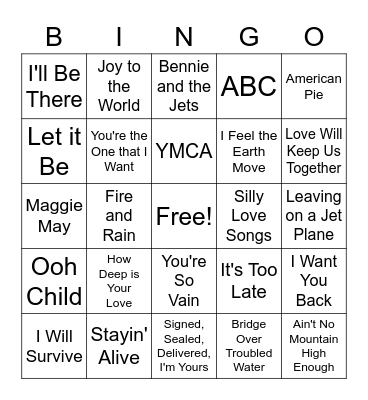 70s Music Bingo Card