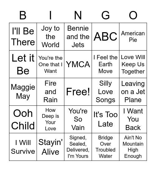 70s Music Bingo Card