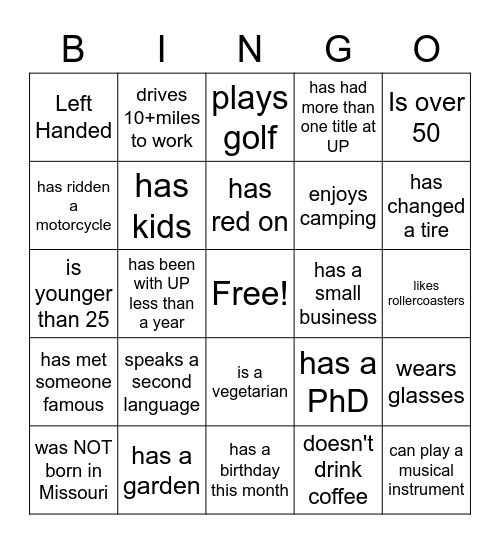 UP Employee BINGO Card