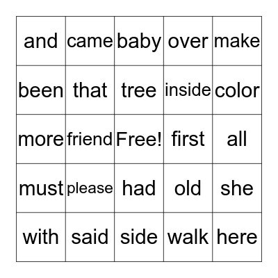 High Frequency Words Bingo Card