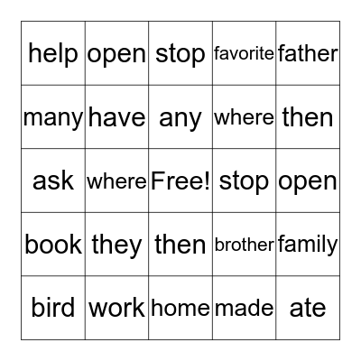 High Frequency Words Bingo Card