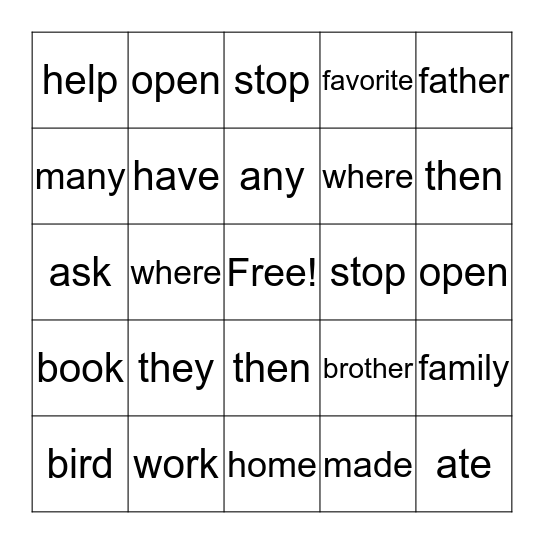 High Frequency Words Bingo Card