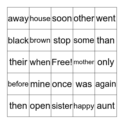 High Frequency Words Bingo Card