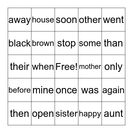 High Frequency Words Bingo Card