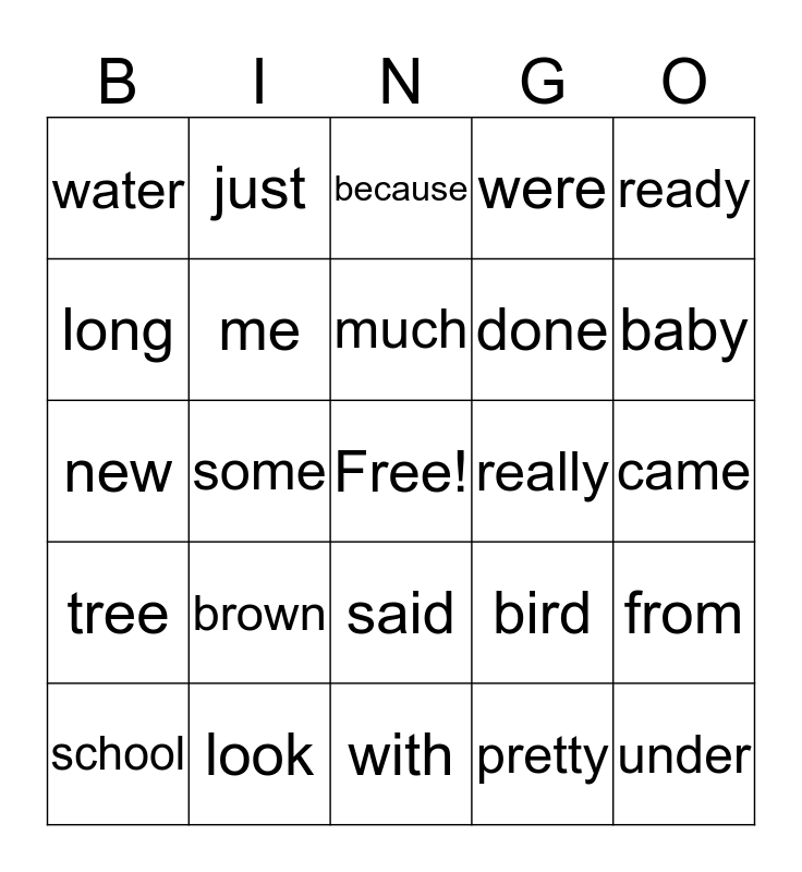 High Frequency Words Bingo Card