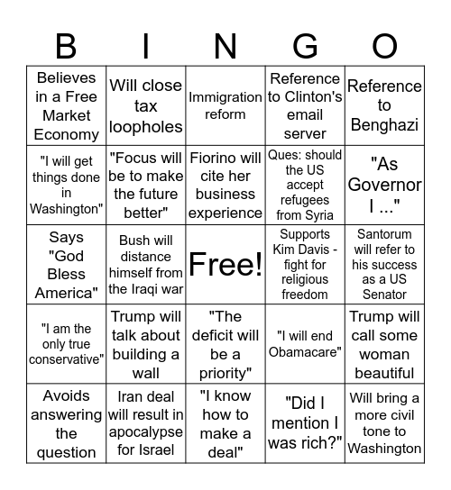 Sept. 16th Republican Presidential Debate Bingo Card