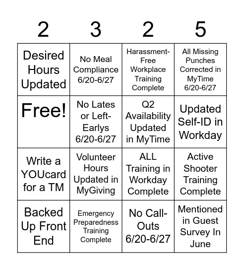 June Target Bingo Card