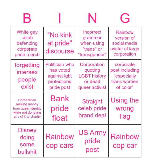 Corporate Pride Bingo Card