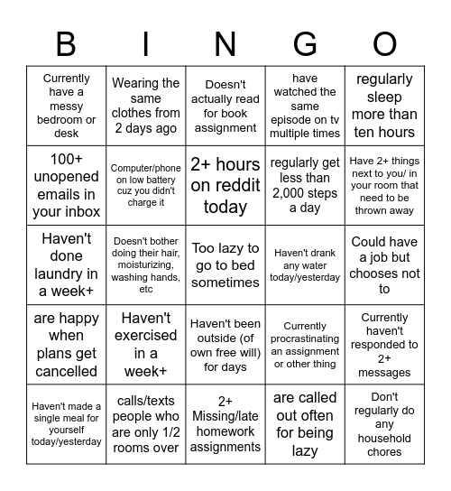 Lazy person bingo Card