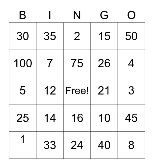 Fun Math Bingo Card