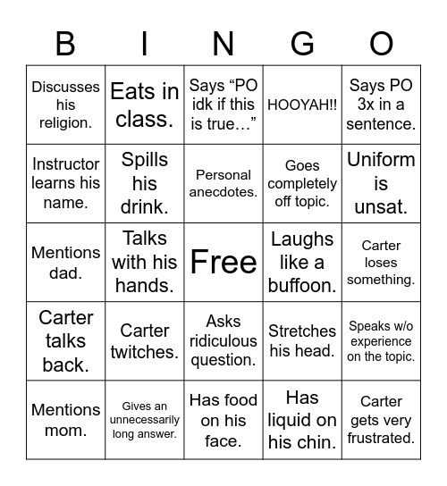 Carter Bingo Card