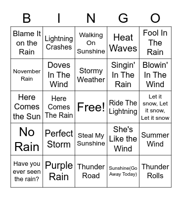 Songs about weather Bingo Card