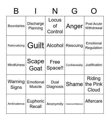 Relapse Prevention BINGO Card