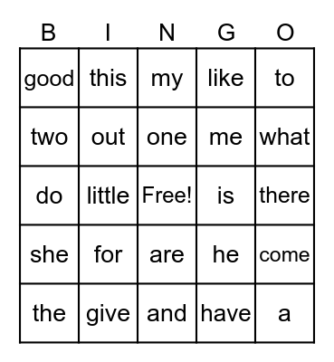 All Kindergarten Sight Words Bingo Card