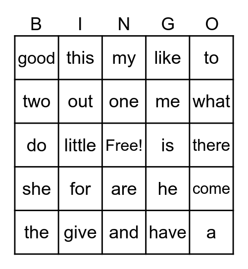 All Kindergarten Sight Words Bingo Card