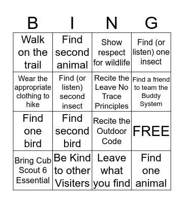 Westerly Creek Trail Bingo Card