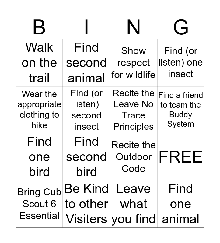 Westerly Creek Trail Bingo Card